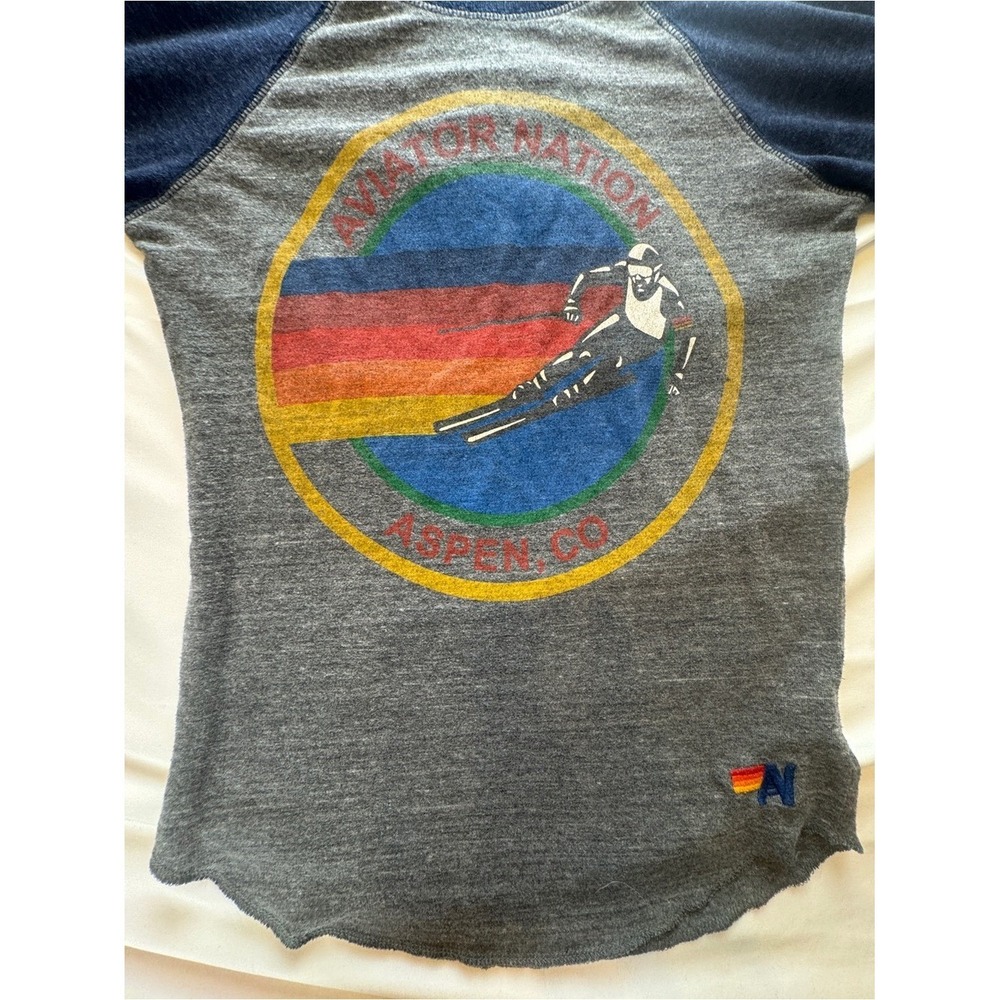 Aviator Nation Aspen CO Ski Raglan Graphic Tee XS Gray Navy Retro California